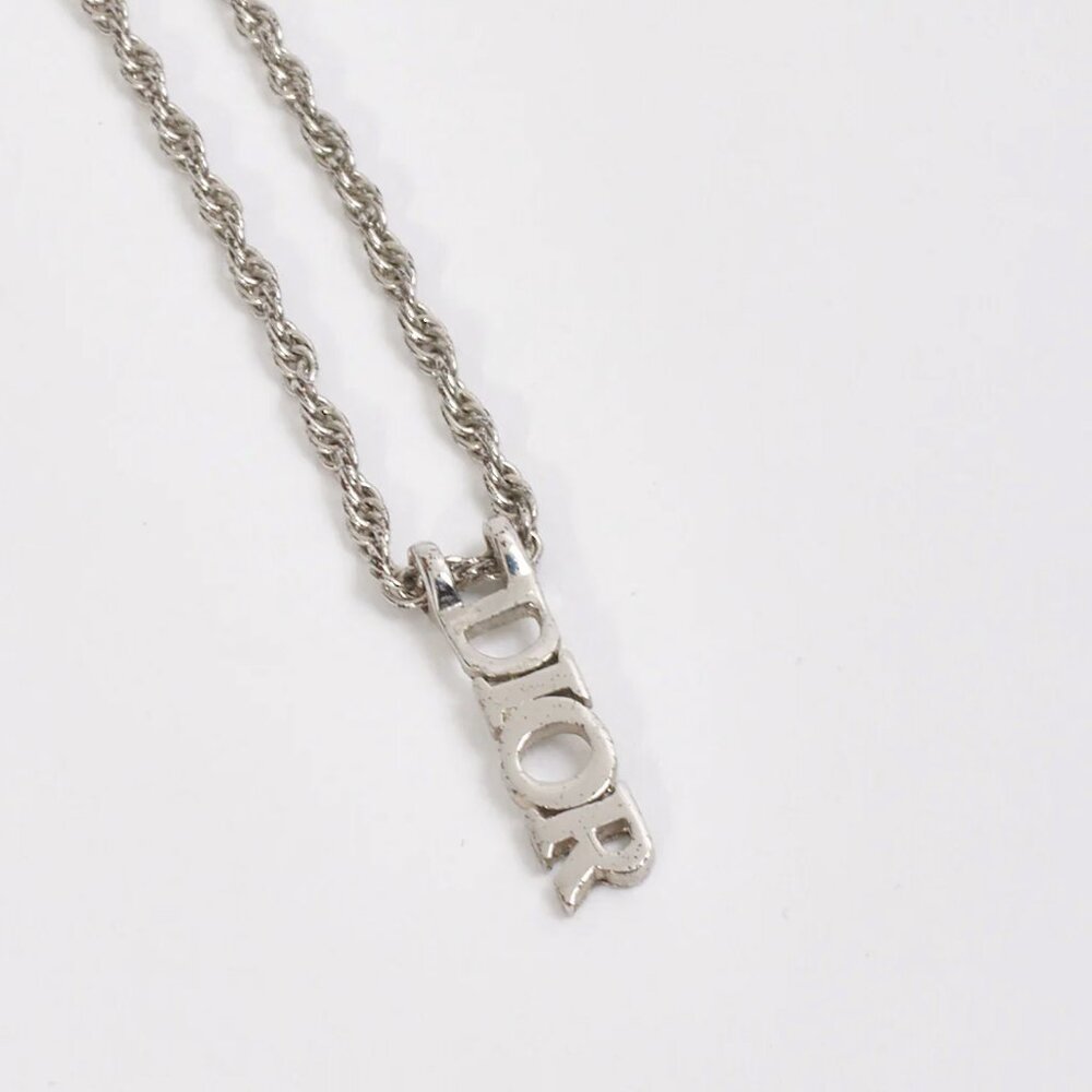 Dior Vertical Silver Logo Pendant Chain Necklace